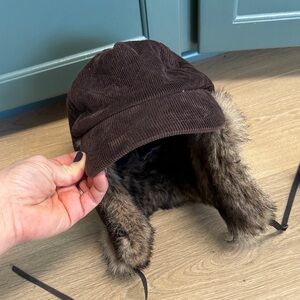 Brown Corduroy Trapper Hat with Faux Fur Lining